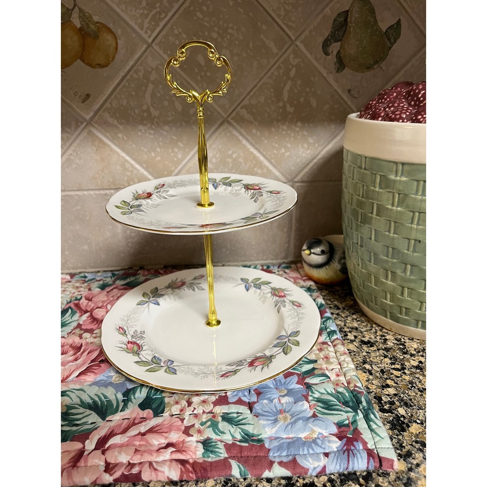 Vintage Paragon Bridal Rose 2-Tier Tidbit Tray: Gold Trimmed Party Dish